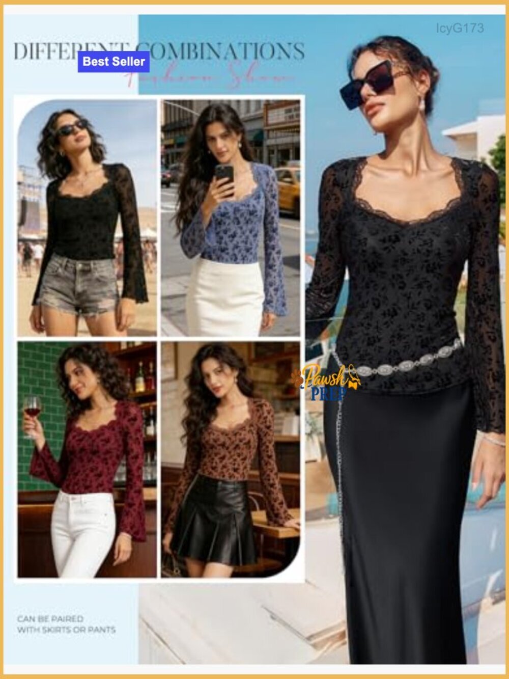Mesh Long Bell Sleeve Top, Lace Floral Square Neck, Slim Fit - Picture 5 of 7